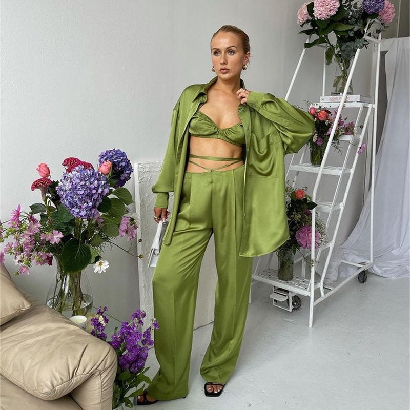 Wear Spring Summer Vacation Three Piece Suit Satin Shirt Vest Straight Leg Pants Suit