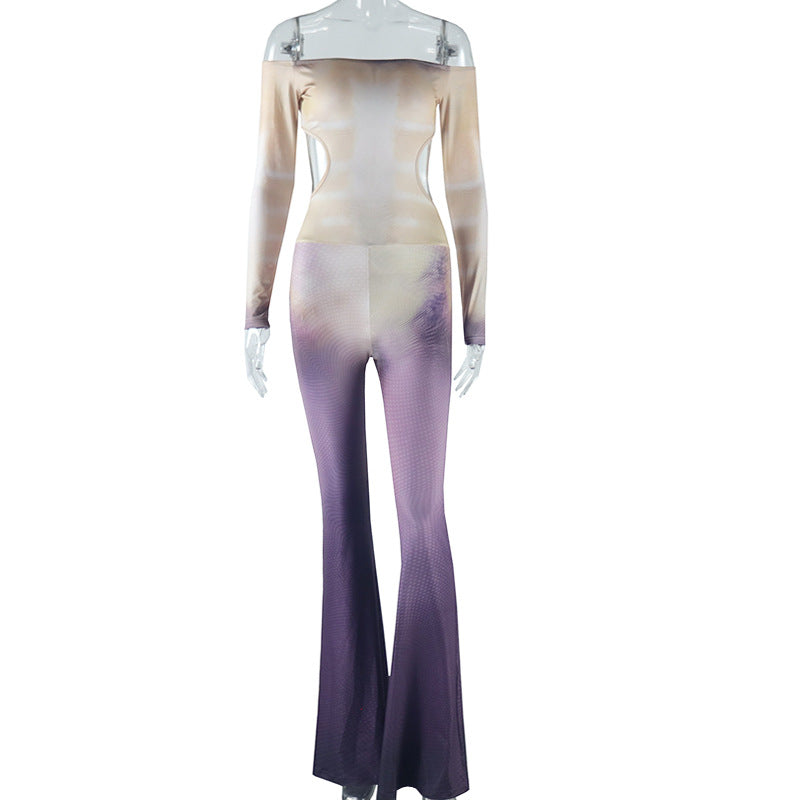 Clothing Gradient Printing Jumpsuit Off Shoulder Off Neck Backless Sleeve One Piece Trousers