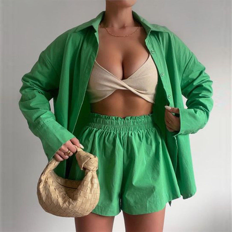 Spring Summer Two Piece Set Color Single Breasted Long Sleeve Collared Shirt Shorts Loose Set