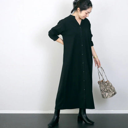 Autumn Winter Shirt Base Dress Color Loose V Neck Maxi Dress