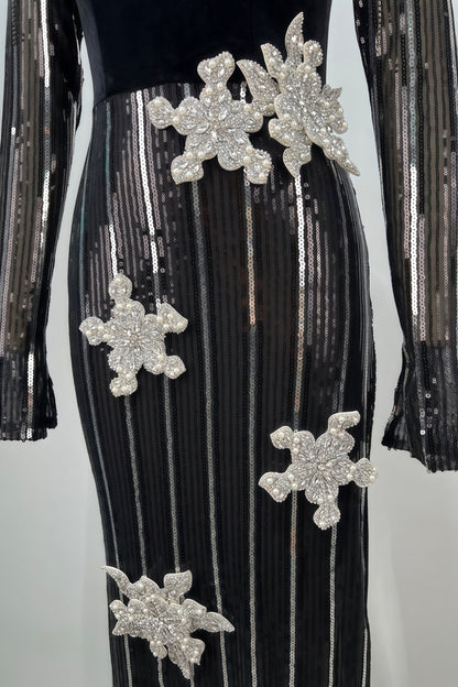 Aelik High Neck Sequin 3d Flower Maxi Dress