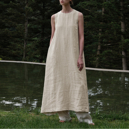 Cotton Linen Maxi Dress Summer French Pastoral Sleeveless Backless Hollow Out Cutout Niche Loose Maxi Dress