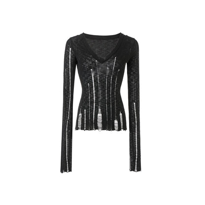 Hollow-out V-neck Thin Cardigan With Distressed Waist Knit Top