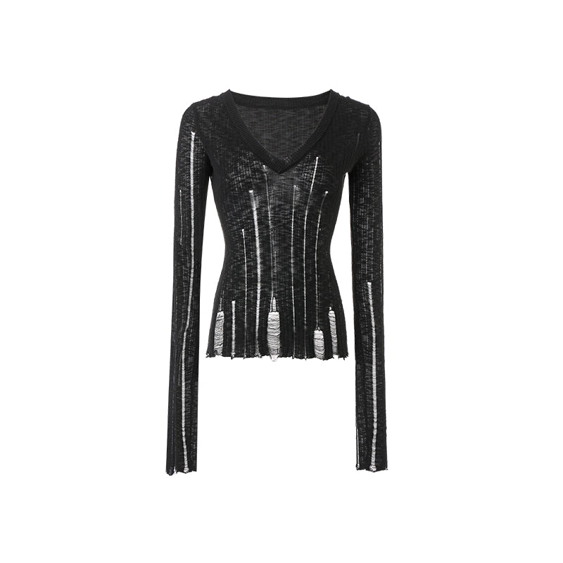 Hollow-out V-neck Thin Cardigan With Distressed Waist Knit Top