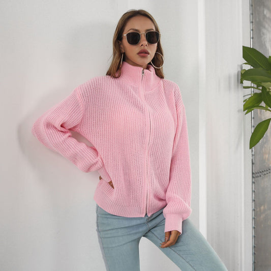 Zipper Sweater Coat Turtleneck Loose Knitted Long Sleeved Autumn Winter Cardigan