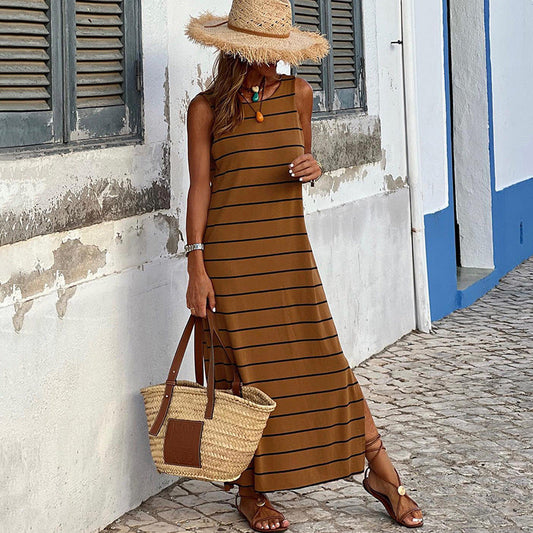 Summer Stripes Printed Vest Dress Round Neck Sleeveless High Waist Slim Low Collar Maxi Dress