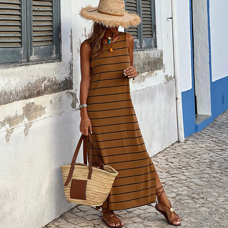Summer Stripes Printed Vest Dress Round Neck Sleeveless High Waist Slim Low Collar Maxi Dress