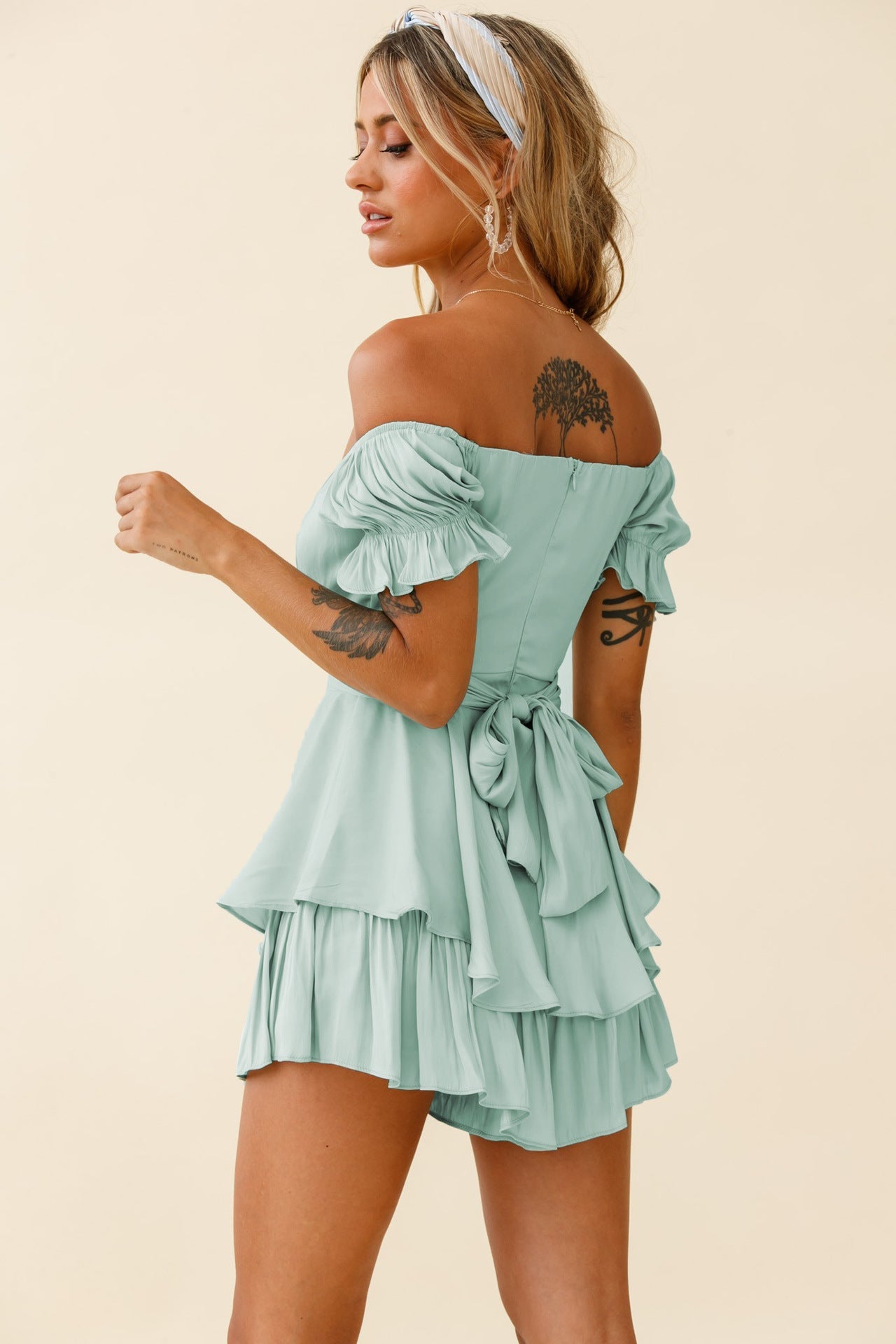 Color Off Neck Lantern Ruffle Sleeve Summer Clothing Short Romper