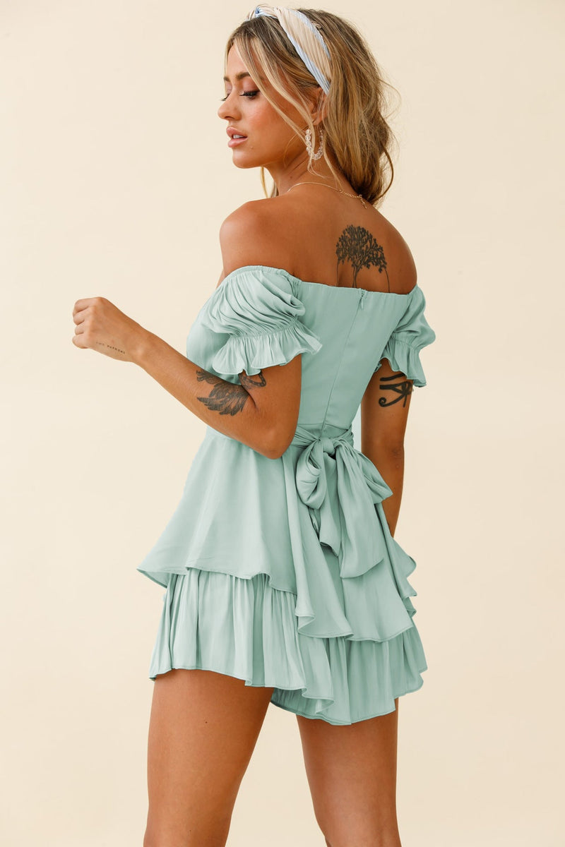 Color Off Neck Lantern Ruffle Sleeve Summer Clothing Short Romper