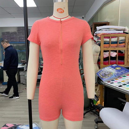 Jumpsuit Short Sleeve Knitted Slim Fit Zipper Hip