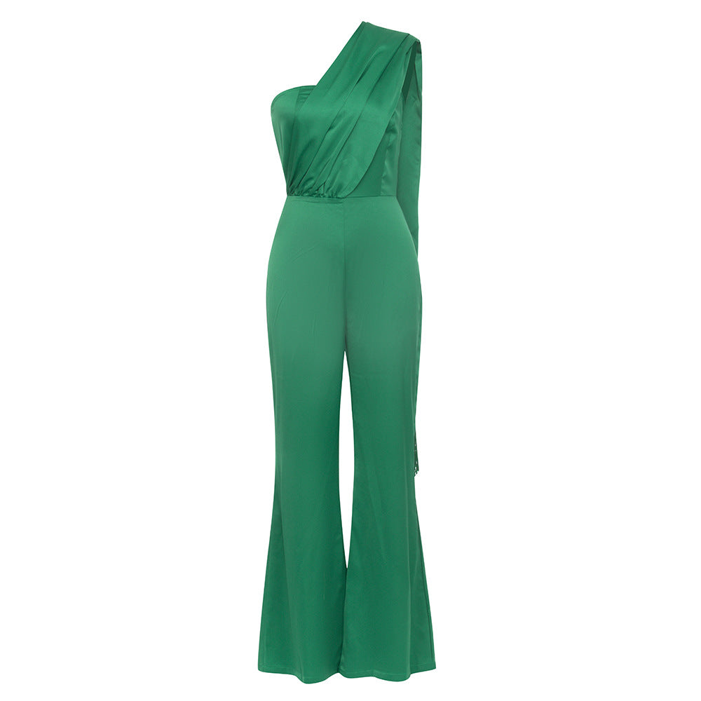 Summer Pleated Ribbon Tassels Slim Fit Oblique Shoulder Jumpsuit