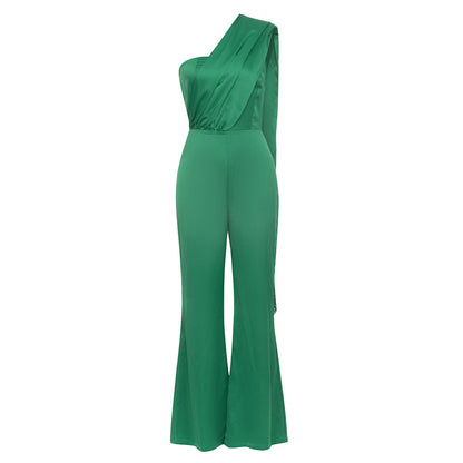 Summer Pleated Ribbon Tassels Slim Fit Oblique Shoulder Jumpsuit