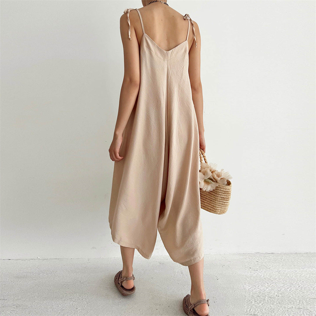 Summer Color Overalls Loose Fitting Wide Leg Trousers Sling Backless Sleeveless Jumpsuit