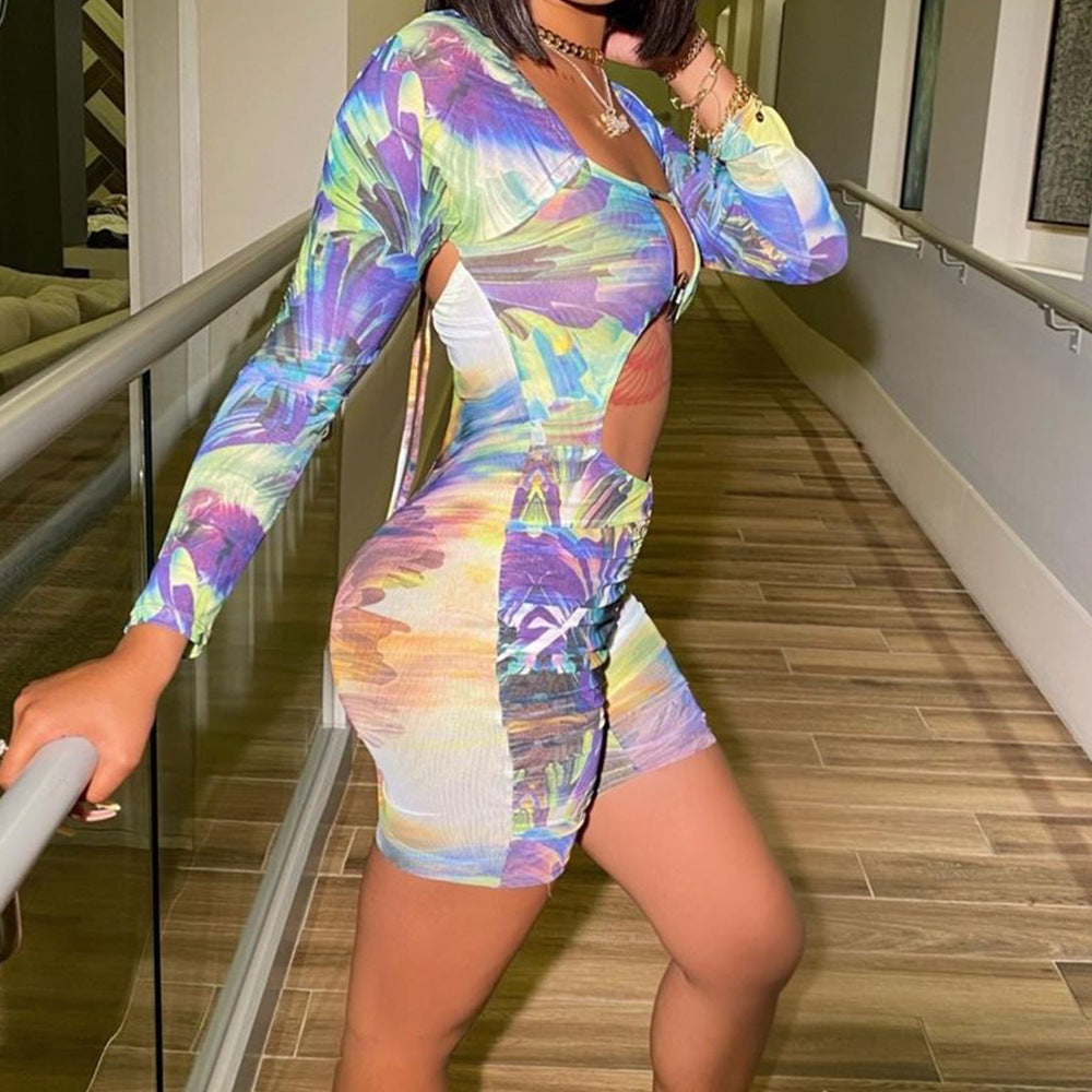Summer Clothing Mesh Print Tight Jumpsuit