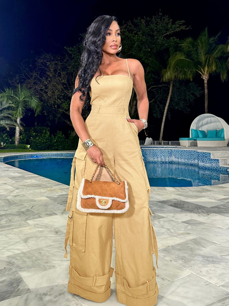 Clothing Tube Top Multi Pocket Workwear Jumpsuit Wide Leg Jumpsuit