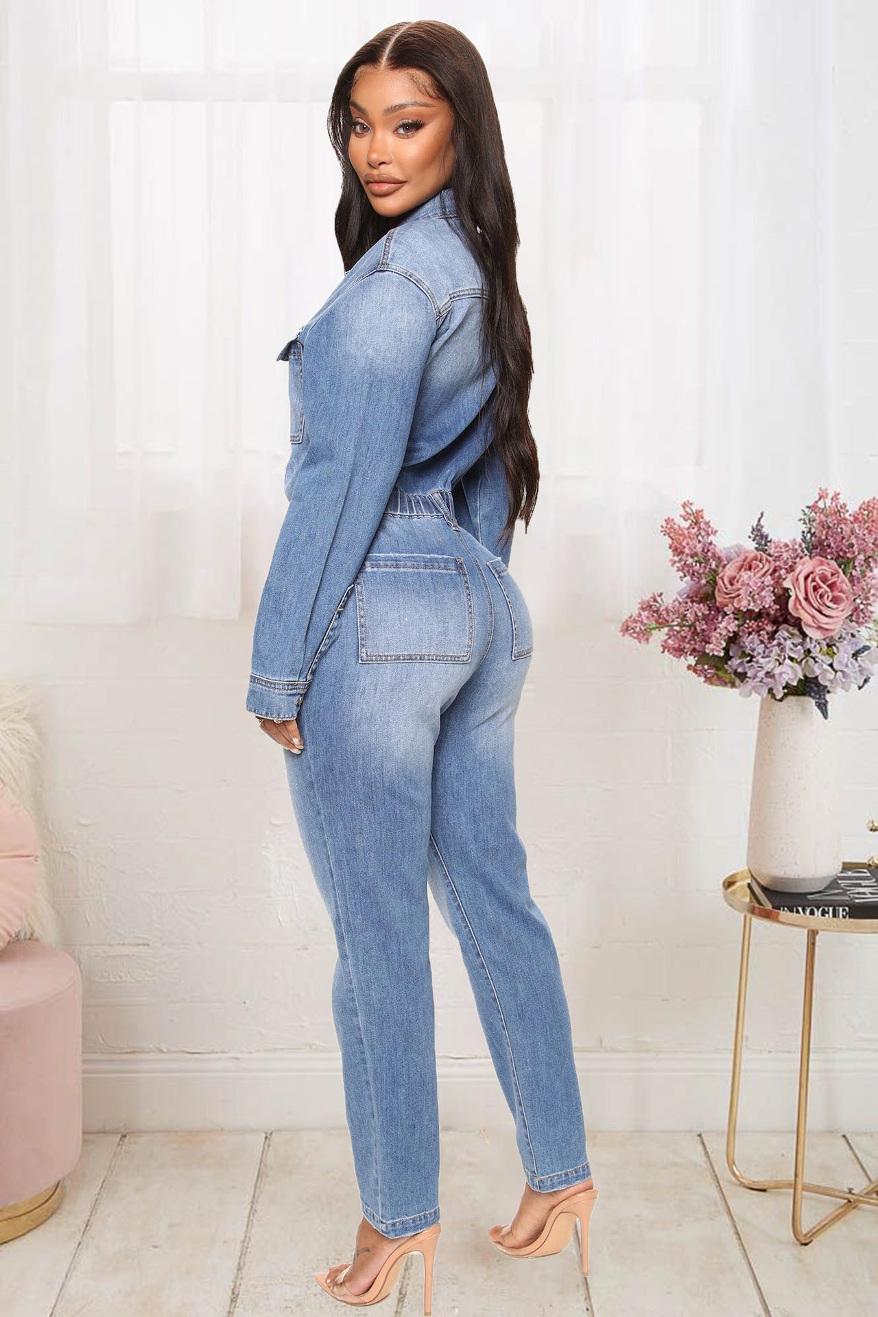 Slim Elastic Feet Wash Denim Jumpsuit