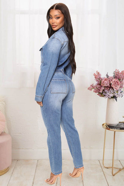 Slim Elastic Feet Wash Denim Jumpsuit