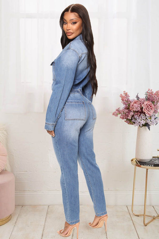 Slim Elastic Feet Wash Denim Jumpsuit