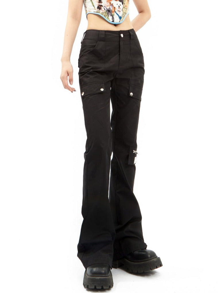 Black Flared Cargo Pants With Multiple Pockets