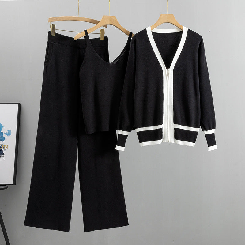 Spring Autumn Clothing Suit Tide Knitted Cardigan Sling Wide Leg Pants Three Piece Suit Suit