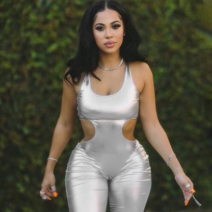 Metallic Coated Fabric Clothing Winter Color Faux Leather Cutout Backless Slim Fit Sling Jumpsuit