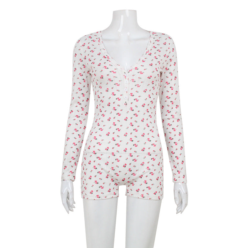 Print Long Sleeved Jumpsuit V Neck Slim Home Romper