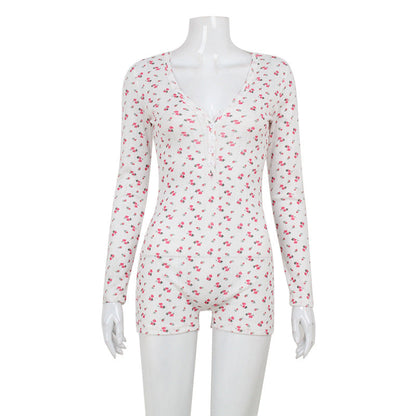 Print Long Sleeved Jumpsuit V Neck Slim Home Romper