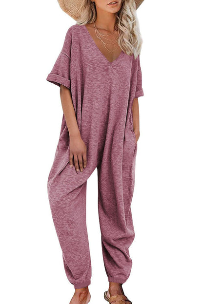 V Neck Jumpsuit Short Sleeve Length Jumpsuit Ankle Tied Loose Overalls