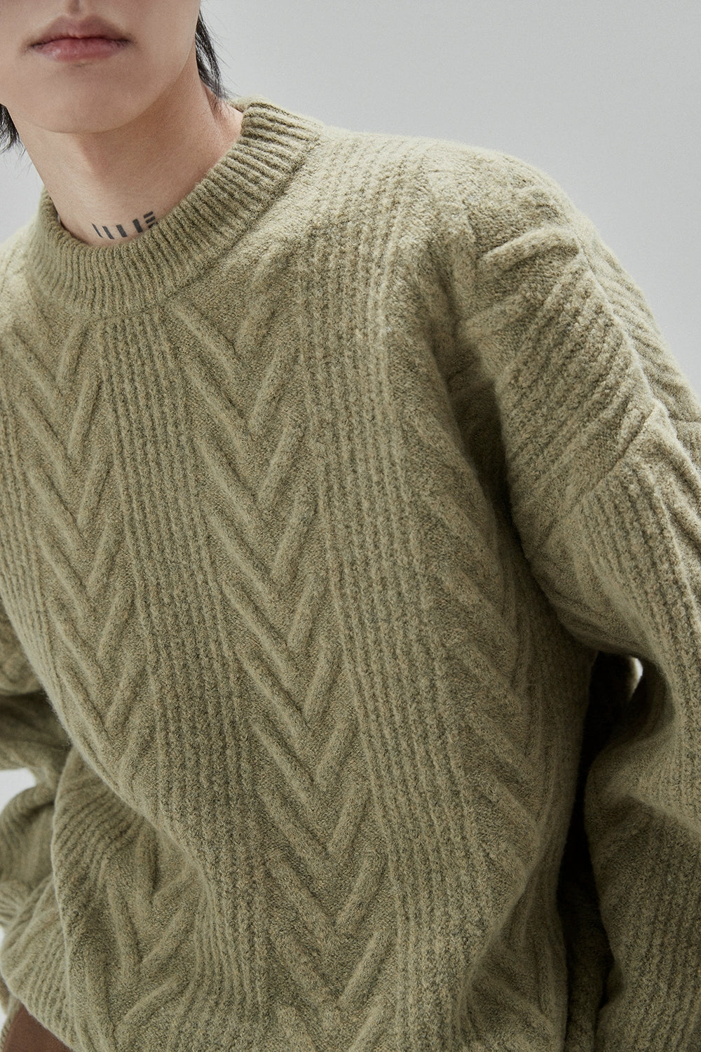 Cream Cable Knit Sweater With Chevron Pattern