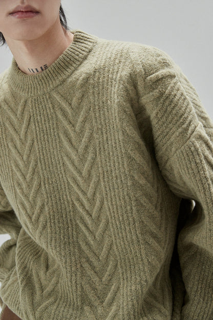 Cream Cable Knit Sweater With Chevron Pattern