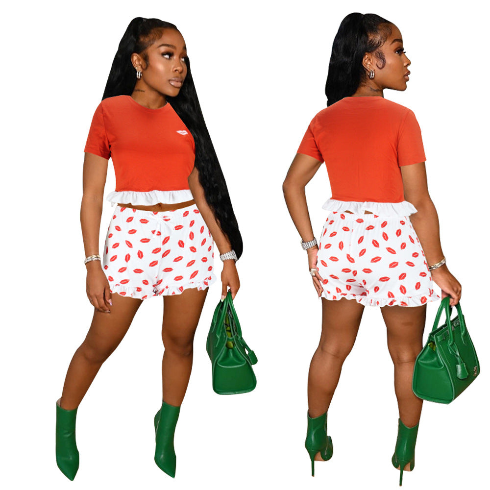Clothing Summer Lace Color Matching Short-sleeved T-shirt Lip Printings Slim Two-piece Set Romper