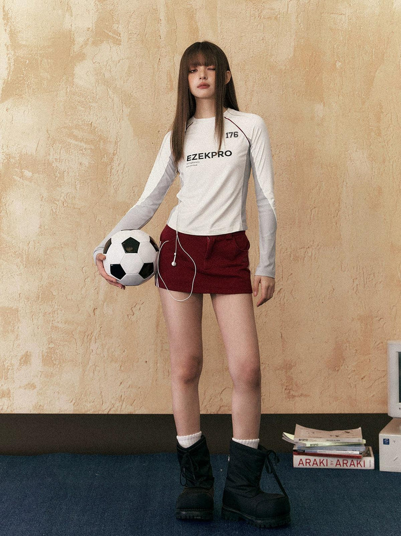 Ezek Long Sleeve Crop Top - Athletic Colorblock T-shirt With Logo Print and Ringer Neckline