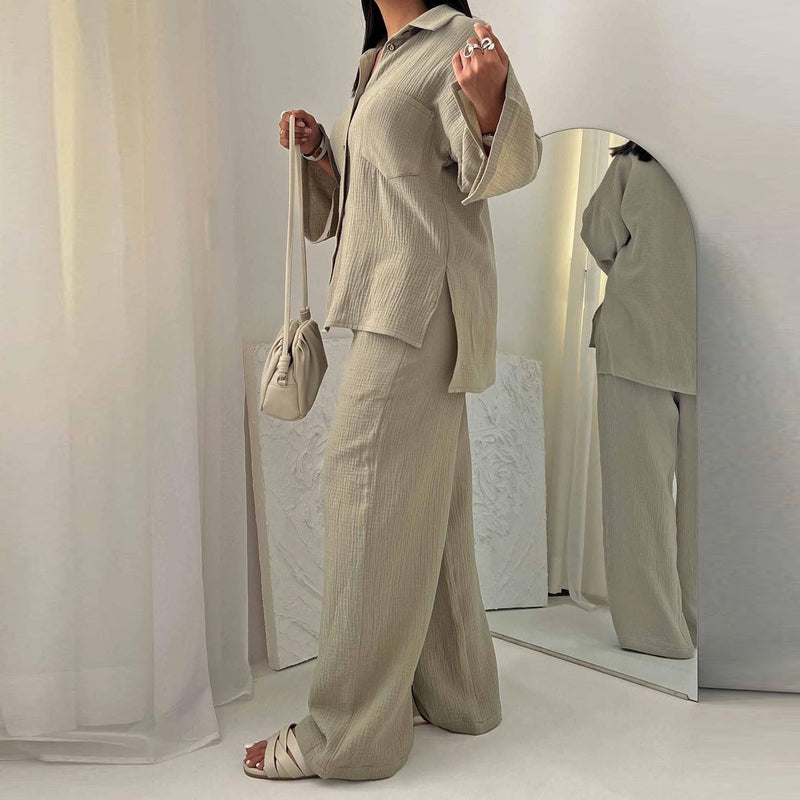 Clothing Autumn Champray Long Sleeve Shirt High Waist Wide Leg Pants Set