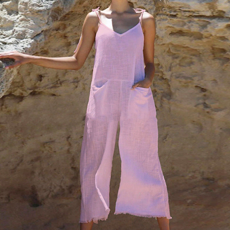Popular Clothing Summer Color Sling Slub Linen Jumpsuit