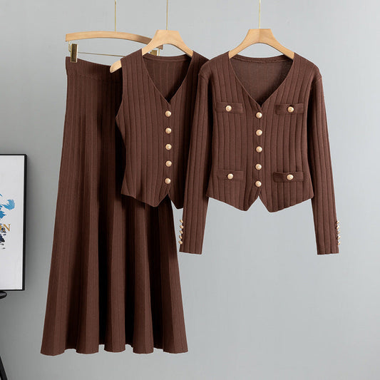 Coffee – Cardigan Vest Three Piece Set