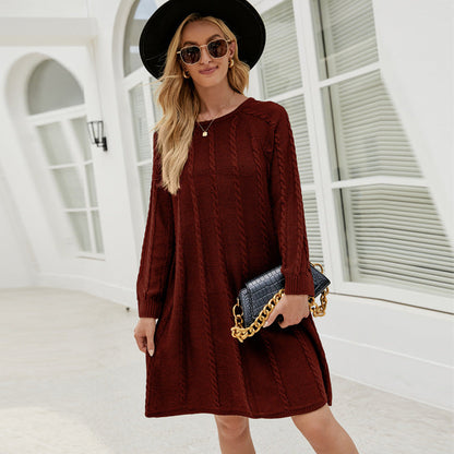 Fall Winter Color Long Sweater Dress Round Neck Twisted Loose a Line Knitted Dress