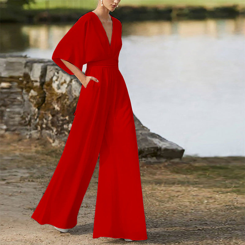Winter Dress Jumpsuit Deep V Plunge High Waist Wide Leg Trousers