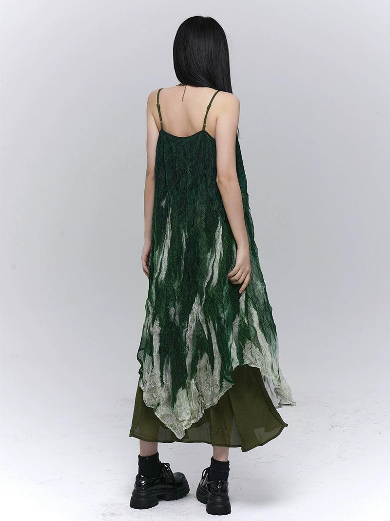 Ladyghost Forest Sprite Layered Maxi Dress - Green Ombre Tie-dye Slip Dress With Asymmetrical Hem