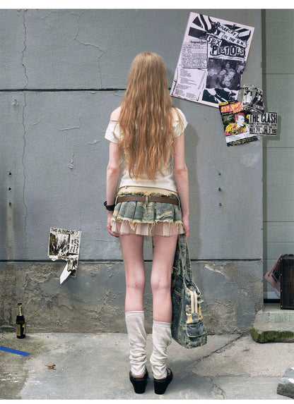 Cest Nous Layered Denim Mini Skirt - Distressed Patchwork Skirt With Belt