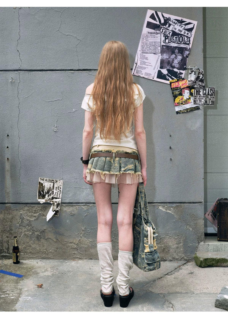Cest Nous Layered Denim Mini Skirt - Distressed Patchwork Skirt With Belt