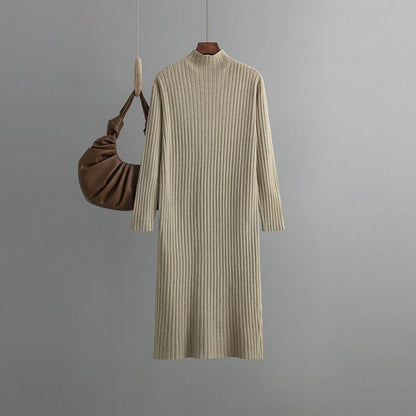 Knitted Bottoming Dress, Autumn Winter Half High Collar Mid Length Dinified Sweater Over the Knee