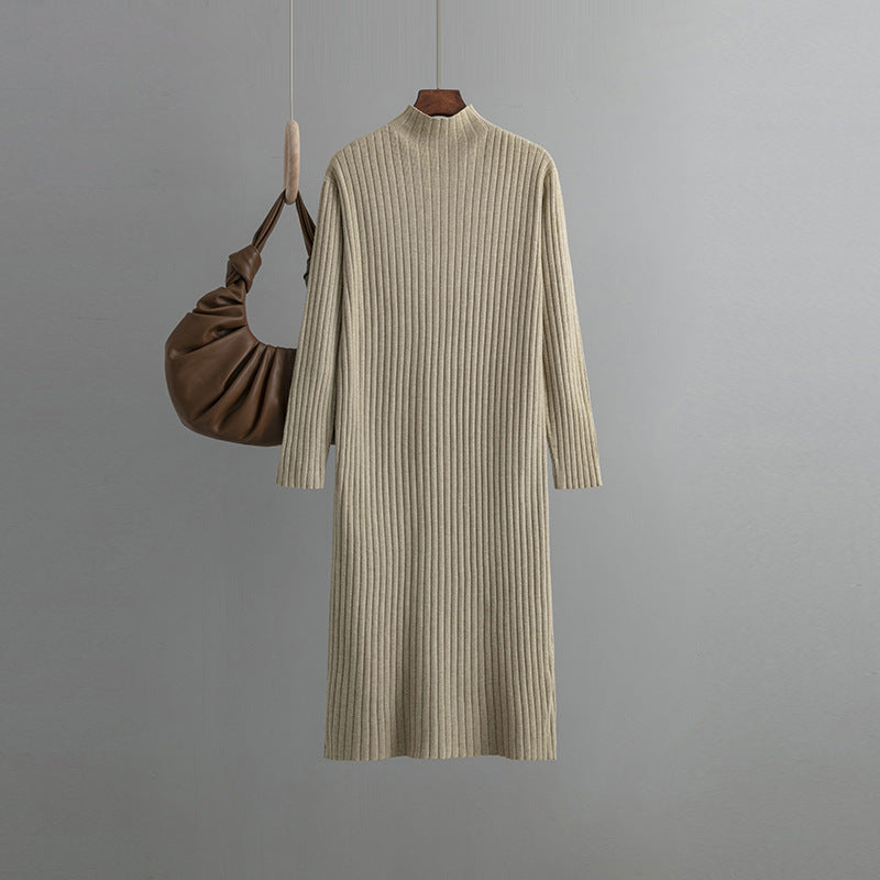 Knitted Bottoming Dress, Autumn Winter Half High Collar Mid Length Dinified Sweater Over the Knee
