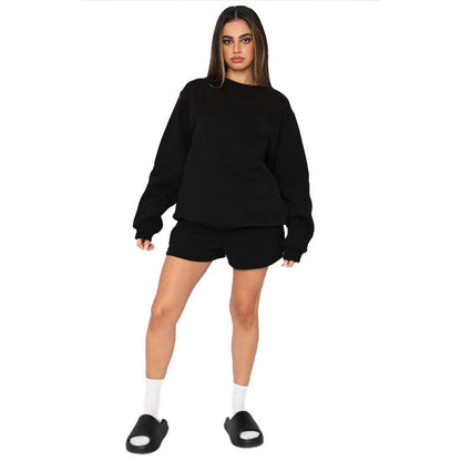 Cotton Autumn Winter Color Round Neck Pullover Long Sleeve Sweater Shorts Set