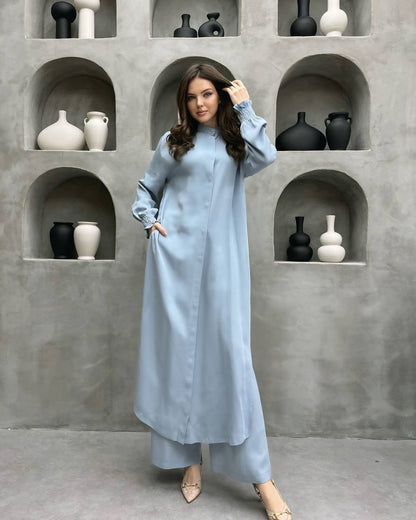 Clothing Multi Button Long Sleeve Split Stand Collar Shirt Straight Pants Two Piece Set