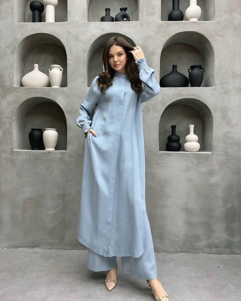 Clothing Multi Button Long Sleeve Split Stand Collar Shirt Straight Pants Two Piece Set