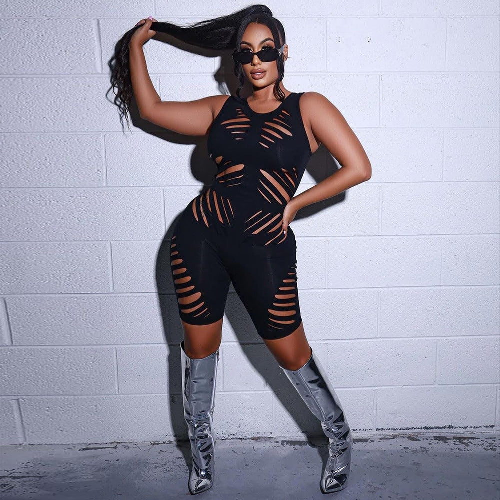 Clothing Summer Hollow Out Cutout Sleeveless High Elastic Slim Fit Slim Jumpsuit