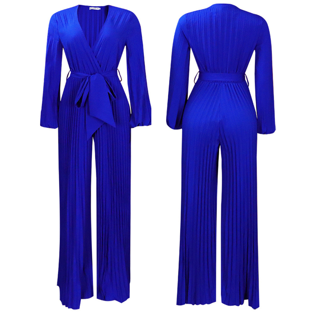 Summer V Neck Lace Up Pleated Wide Leg Jumpsuit