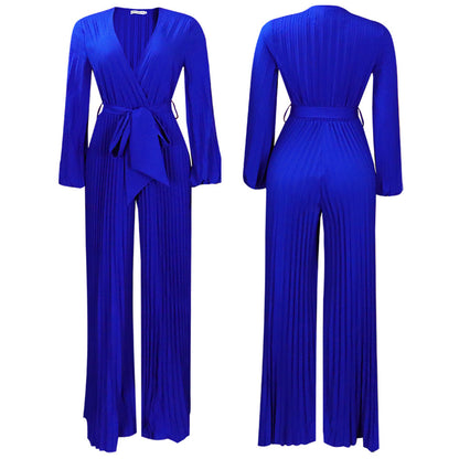 Summer V Neck Lace Up Pleated Wide Leg Jumpsuit
