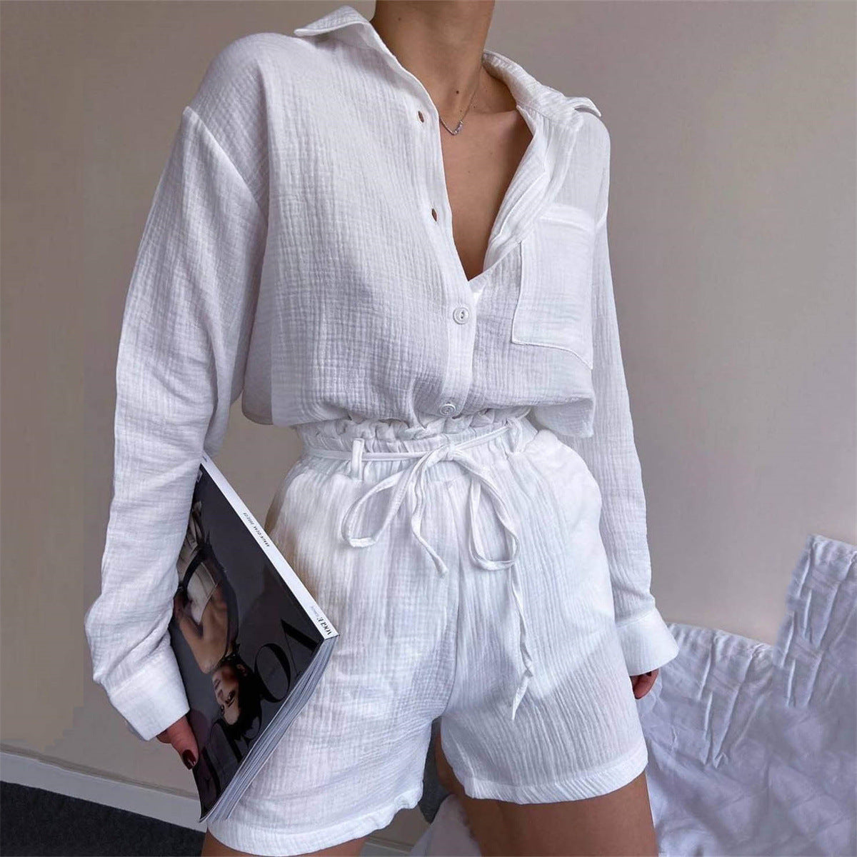 Clothing Suit Pure Cotton Summer Collared Long Sleeve Shirt High Waist Pocket Shorts Two Piece Set