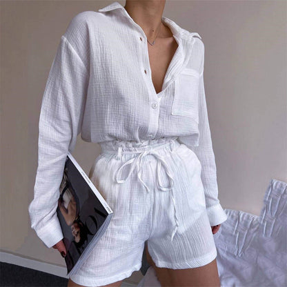 Clothing Suit Pure Cotton Summer Collared Long Sleeve Shirt High Waist Pocket Shorts Two Piece Set
